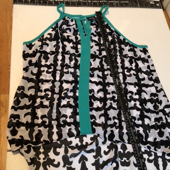 Nicole Miller large sleeveless high low semi sheer top black and aqua green - Picture 4 of 12